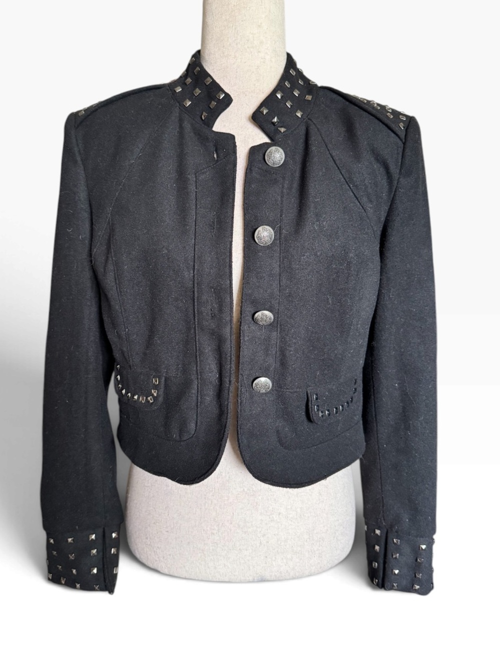 Moon Collection Black Stud-Accent Cropped Military Jacket